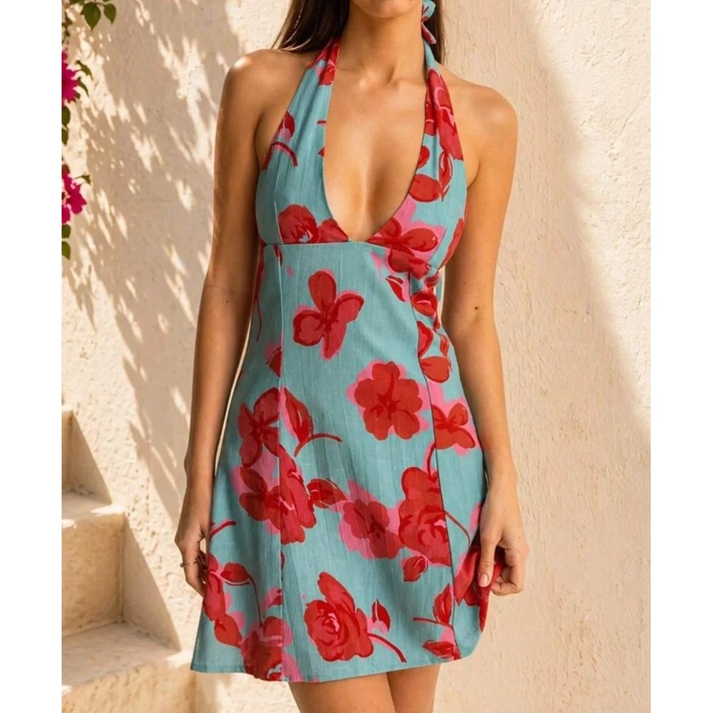 NWT Rhythm Inferna Floral Halter Dress Teal Pink Linen Blend Mini Dress 10/M